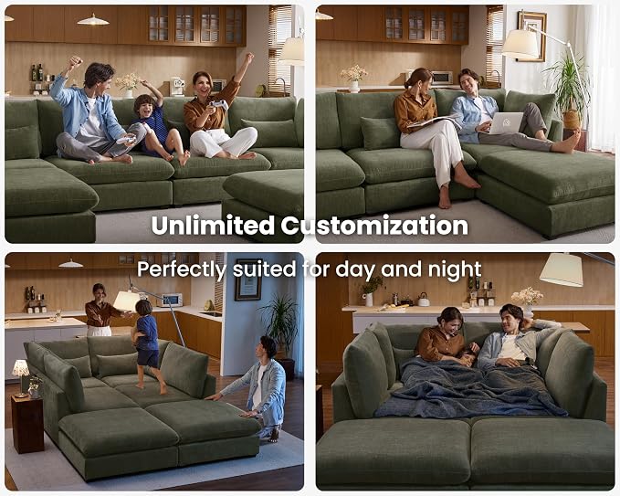 154" Oversized Chenille Couch Modular Sectional Sofa, Washable Cloud Couch Sectional with 2 Ottoman, 6 Seater Sectional Couches for Living Room, Fully Cover Removable, U Shaped, Chenille, Green