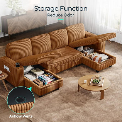 LINSY HOME Sectional Sleeper Sofa Pull Out Couches for Living Room (Brown, Sleeper Sofa 3) | Pull Out Sofa Bed, Storage, USB Charging, Cup Holders, Plush Corduroy