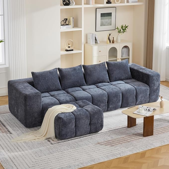 119" Boneless Couch, Oversized Cloud L Shaped Couch, Modular Sectional 4 Seater Sofa with Deep Seat, Modern Sectional Memory Foam Couches for Living Room, Tufted Sofa, No Assembly Required, Blue