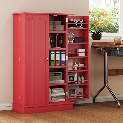 HOMCOM 41" Kitchen Pantry Storage Cabinet, Freestanding Kitchen Cabinet with 12 Door Shelves, Double Doors, 5-Tier Shelving and Adjustable Shelves, Red
