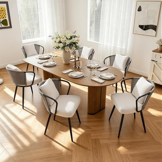 Modern Rattan Dining Chairs Set of 6, Upholstered Kitchen Chair with Metal Legs, Ergonomic Curved Backrest, Mid Century Living Room Chairs with Throw Pillow for Home, Light Grey