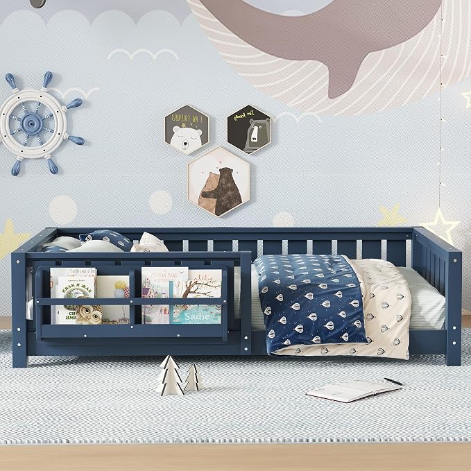 Twin Size Montessori Floor Bed with Bookshelf, Guardrail and Slats, Blue | Low Profile Montessori Floor Bed with Bookcase, Easy Assemble Montessori Beds Frame for Kids, Twin Floor Bed Frame