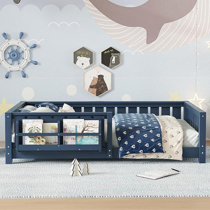 Twin Size Montessori Floor Bed with Bookshelf, Guardrail and Slats, Blue | Low Profile Montessori Floor Bed with Bookcase, Easy Assemble Montessori Beds Frame for Kids, Twin Floor Bed Frame
