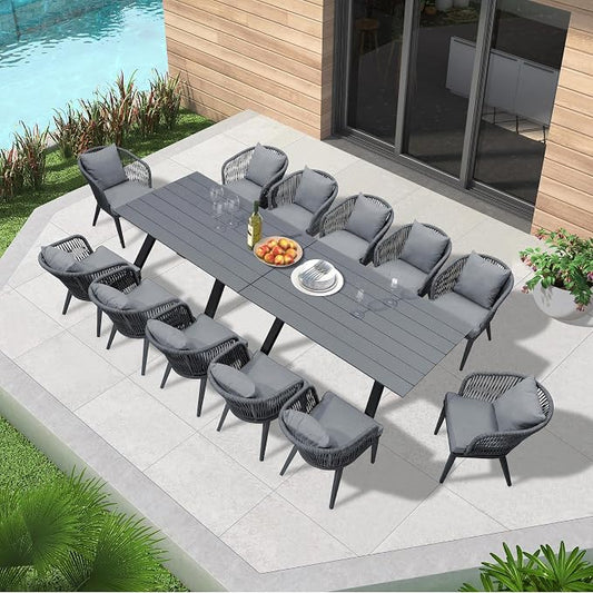 PURPLE LEAF 14 Pieces Patio Dining Set Wicker Outdoor Furniture Rectangular Table and Chairs Set for Garden Deck Aluminum Frame Backyard Kitchen Set, Cushions and Pillows Included Grey
