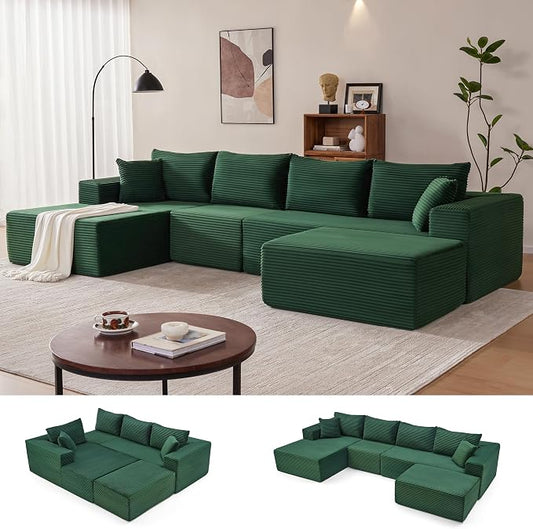 Mangodan 140” Cloud Sectional Couch, Modular Sectional Sofa with Deep Seat, Boneless Sofa for Living Room, Fluffy Comfy U-Shaped Couch with Left Facing Chaise, No Assembly Required, Green