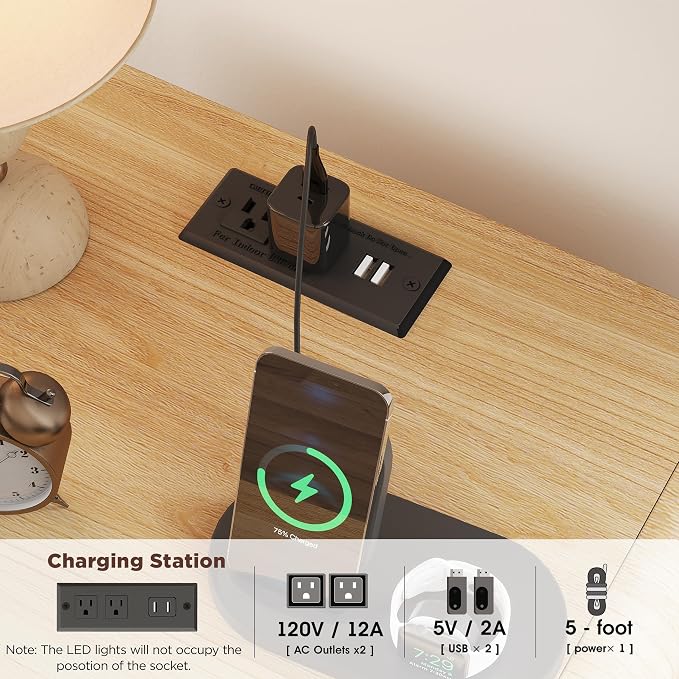 Nightstand with Charging Station and LED Lights, Night Stands with Adjustable Storage Cabinet, Modern Side Table with Fluted Doors and Open Storage, Bedside Table for Bedroom, Natural