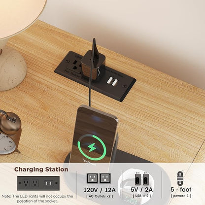 Nightstand with Charging Station and LED Lights, Night Stands with Adjustable Storage Cabinet, Modern Side Table with Fluted Doors and Open Storage, Bedside Table for Bedroom, Natural