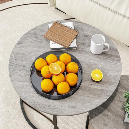 HOJINLINERO Round Coffee Table,Nesting Coffee Table Set of 2,Center Tables for Living Room,Office, Home Small Space,Stacking Side Tables,Sturdy and Easy Assembly,Wood Desktop,Black+Warm Grey,Large