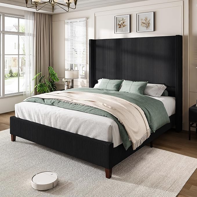 AMERLIFE Queen Size 62" Corduroy Upholstered Bed Frame, Luxurious Platform Bed with Extra Tall Wingback Headboard and Vertical Stripe, No Box Spring Needed/Solid Wood Slats & Legs/Black