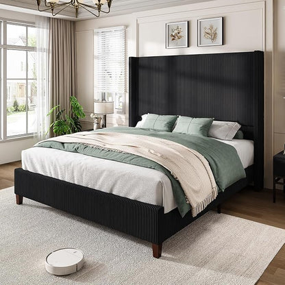 AMERLIFE King Size 62" Corduroy Upholstered Bed Frame, Luxurious Platform Bed with Extra Tall Wingback Headboard and Vertical Stripe, No Box Spring Needed/Solid Wood Slats & Legs/Black