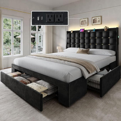 DWVO Queen Size Bed Frame with 3 Storage Drawers and RGB LED Lights, Velvet Upholstered Bed with Charging Station and Storage Headboard, No Box Spring Needed, Easy Assembly, Noise-Free, Black