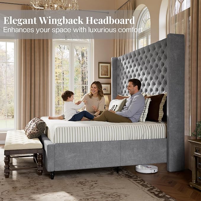 Jocisland King Size Bed Frame with 65" Tall Headboard, Upholstered Wingback Platform Design, Handcrafted Pleats & Deep Button Tufted, Solid Wood Legs, No Box Spring Needed, Grey