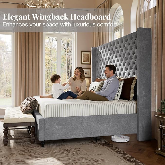 Jocisland Queen Size Bed Frame with 63" Tall Headboard, Upholstered Wingback Platform Design, Handcrafted Pleats & Deep Button Tufted, Solid Wood Legs, No Box Spring Needed, Grey