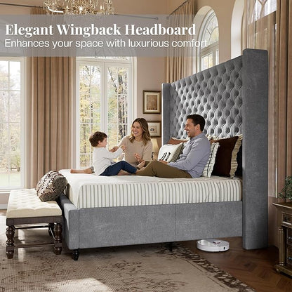 Jocisland Queen Size Bed Frame with 63" Tall Headboard, Upholstered Wingback Platform Design, Handcrafted Pleats & Deep Button Tufted, Solid Wood Legs, No Box Spring Needed, Grey