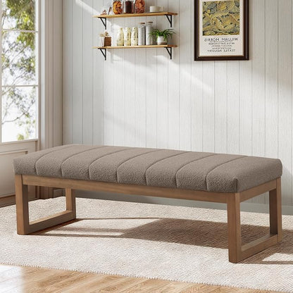 Zihanhome 52.7" Bedroom Bench for End of Bed, Modern Upholstered Teddy Fabric Entryway Bench & Dining Bench, Footrest Stool Bench with Solid Wood Frame for Bedroom, Living Room (Dark Brown)