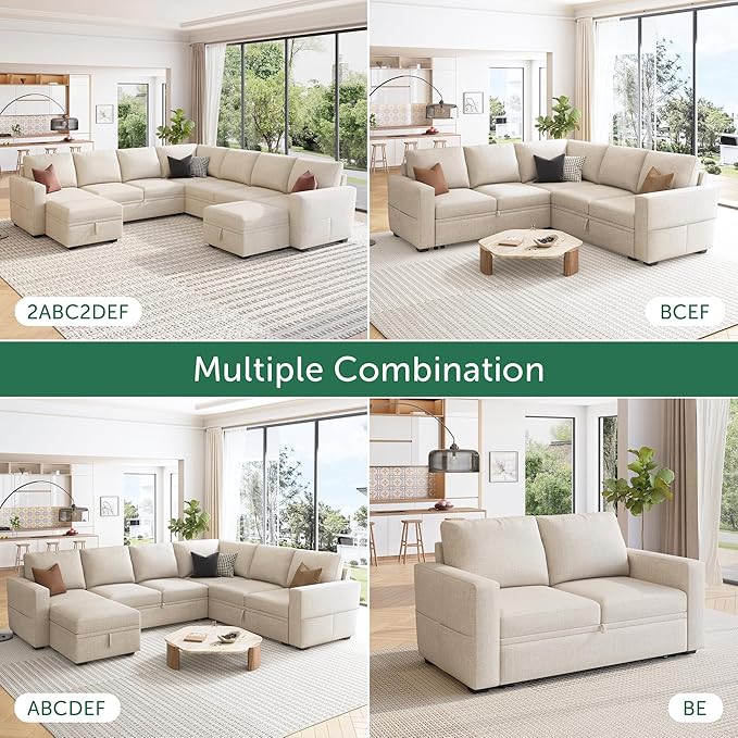 HONBAY Modular Sectional Sleeper Sofa with Pull Out Bed, U Shaped Sectional Couch with Storage Ottoman, Sleeper Sectional Couches for Living Room, Beige