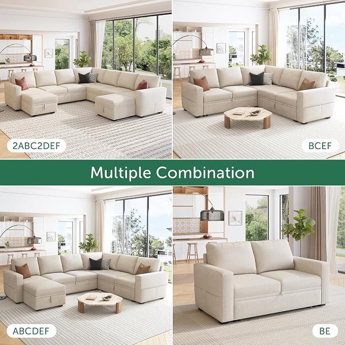HONBAY Modular Sectional Sleeper Sofa with Pull Out Couch, Oversized U Shaped Sleeper Pull Out Bed with Storage Sectional Couches for Living Room - Beige