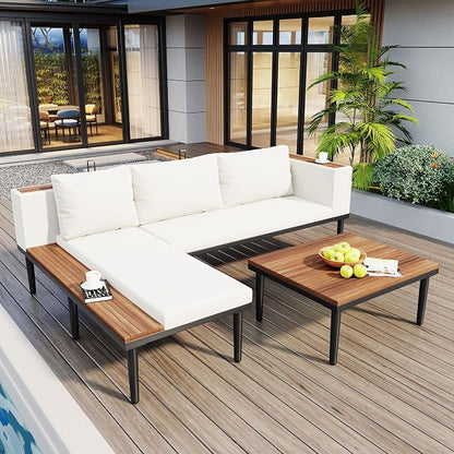 VilroCaz Luxury Outdoor Patio Furniture Set, L-Shaped Acacia Wood Sectional Sofa with Side Table, All-Weather Conversation Set with Removable Cushions and Coffee Table for Backyard Porch (Beige-4.20)