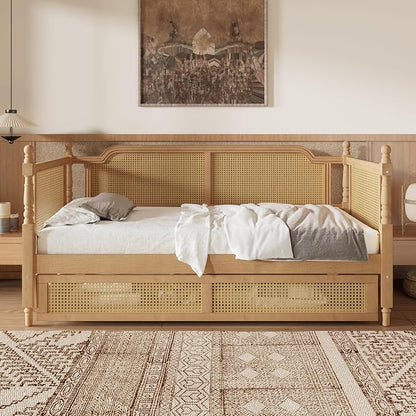 Merax Twin Size Rattan Bed Frame with 2 Storage Drawers, Wood Bedframe Daybed for Bedroom, Guest Room, Limited Space, No Box Spring Needed, Antique Walnut
