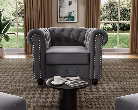 Morden Fort Classic Chesterfield Sofa Chair Set, Tufted Arm Chair Sofa with Solid Wood Legs Thick Cushion, Pet-Friendly Sofa Couch Chair for Living Room Bedroom Reading Room - Velvet Grey