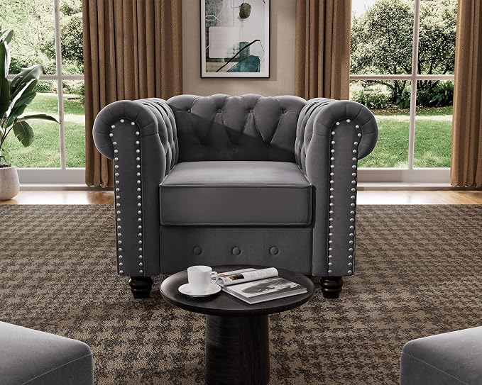 Morden Fort 3 Piece Classic Chesterfield 6-Seater Set, Tufted Chair & Loveseat & Sofa Solid Wood Legs Thick Cushion, Pet-Friendly Couch Set Furniture for Living Room Bedroom Apartment, Velvet Grey