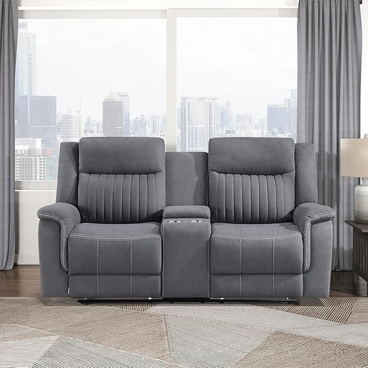 Lexicon Manual Double Reclining Loveseat, Polished Microfiber Manual Wall Hugger Loveseat Recliner for Living Room, Center Storage Console/Cup Holders, Easy Assembly, Gray