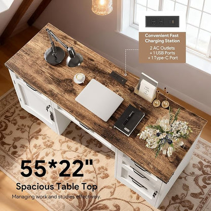 Decofy Farmhouse Executive Desk with Drawers, 55" Home Office Desks with Fast Charging Station, Lockable File Cabinet, Wood Writing Computer Desk for Work, Study, White