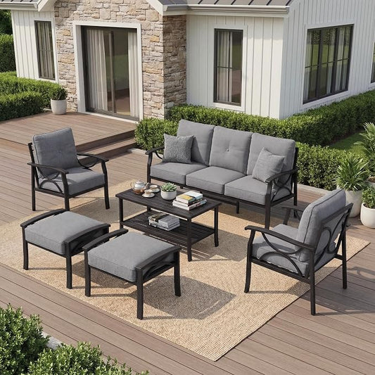 RoyalCraft Outdoor Patio Furniture Set, 7 Seats Outdoor Patio Set with 4" Thick Cushion, All-Weather Metal Patio Sofa with Coffee Table, Outdoor Sectional Furniture for Porch Backyard, Khaki&Grey