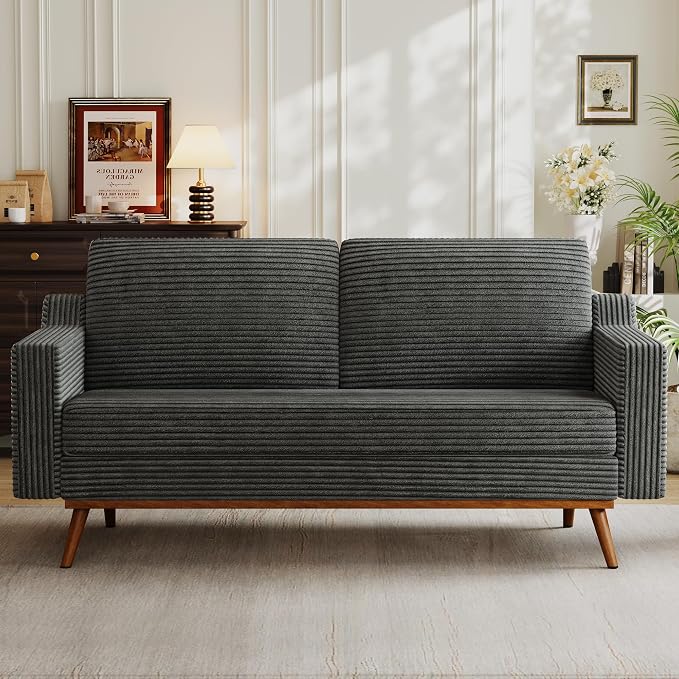 Vipbear 65.4" Loveseat Sofa,Mid-Century Modern Small Couches for Living Room, Bedroom, Office,Comfy Grey Corduroy Couch with Spring Cushion, Solid Wood Frame, Tool-Free Assembly