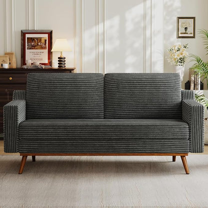 Vipbear 65.4" Loveseat Sofa,Mid-Century Modern Small Couches for Living Room, Bedroom, Office,Comfy Grey Corduroy Couch with Spring Cushion, Solid Wood Frame, Tool-Free Assembly