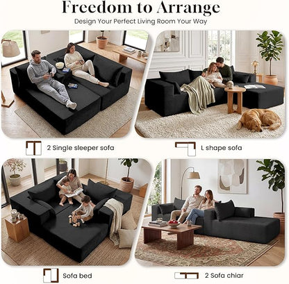 GRUSIGN 106" Oversized Sectional Boneless Sleeper Sofa Bed Couches for Living Room, Modular L Shaped Couch with Left Facing Chaise & Big Ottoman, Compressed Spineless Corduroy Cloud Sofas, Black
