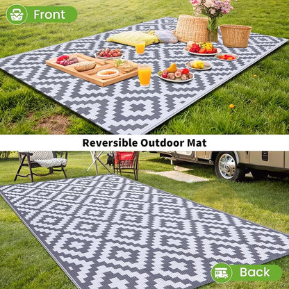 Smiry Waterproof Outdoor Rug 9X18 ft, Reversible Plastic Straw Patio Camping Rugs, Outdoor Indoor RV Mat Carpet for Patio, Outside Entry, Backyard, Deck, Bench, Picnic, Camper, White & Grey