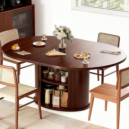 Extendable Round Dining Table for 2-4-6, 63 Inch Dining Room Kitchen Table with 2-Tier Storage Shelf, Modern Farmhouse Fluted Wood Slide Door Dinner Furniture,Oval Circle(Walnut-63 Inch)