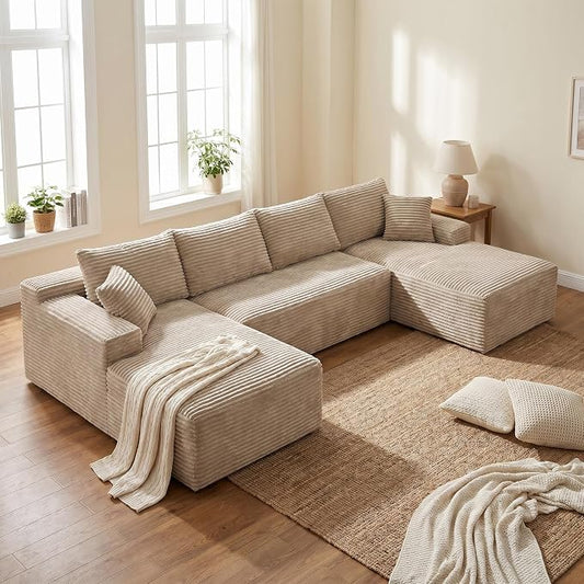 132" Oversized U-Shaped Cloud Sectional Couch Plush Corduroy Boneless Symmetrical Sofa, Front Facing Modular Compressed Boneless Sectional Sofa with Double Chaise Lounges