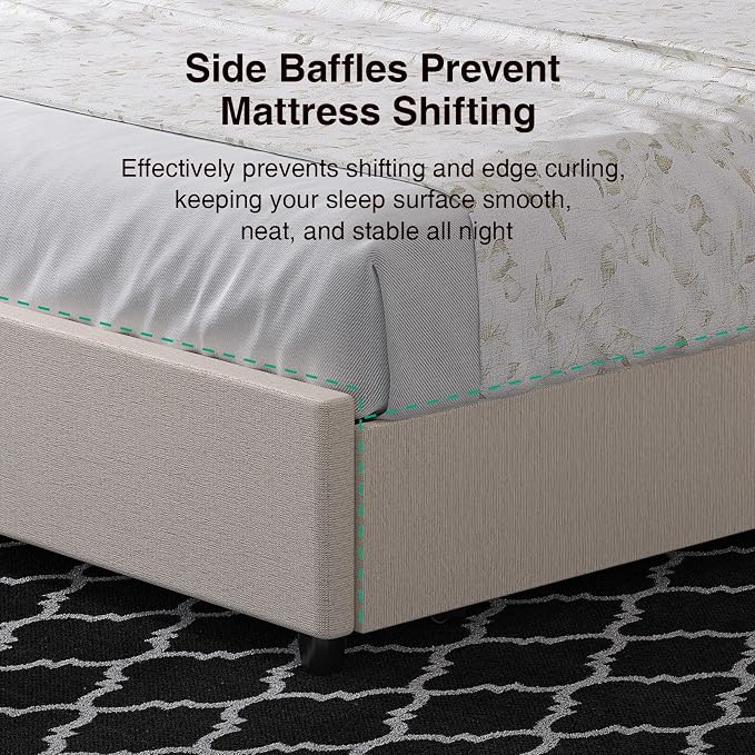 Novilla King Bed Frame, King Bed Frame and Headboard, King Size Bed Frame with Drawers, King Bed Frame with LED Lights, Charging Station and Adjustable Headboard, No Box Spring Needed, Beige