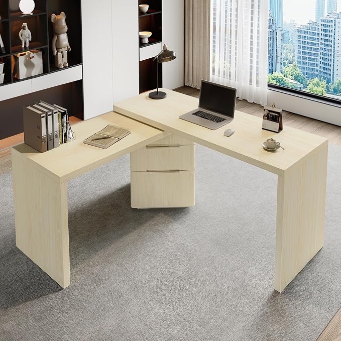 90” Modern L-Shaped Desk with 3 Drawers, 360° Wood Rotating Desk, Workstation for Home Office, Living Room, Natural Wood