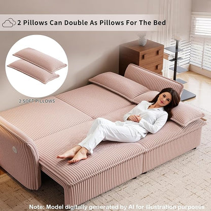 85'' Sofa Bed Full Size, Tool-Free Assembly, 3 in 1 Convertable Sleeper Sofa, Corduroy Couches with Pull Out Bed, USB & Storage, Modern Loveseat for Small Space, Living Room, Corduroy Pink