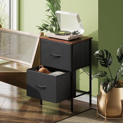 WLIVE Nightstand, Nightstand with 2 Drawers, Bedside Furniture, Night Stand, Small Dresser for Bedroom, College Dorm, End Table with Fabric Bins, Dormitory, Black and Rustic Brown