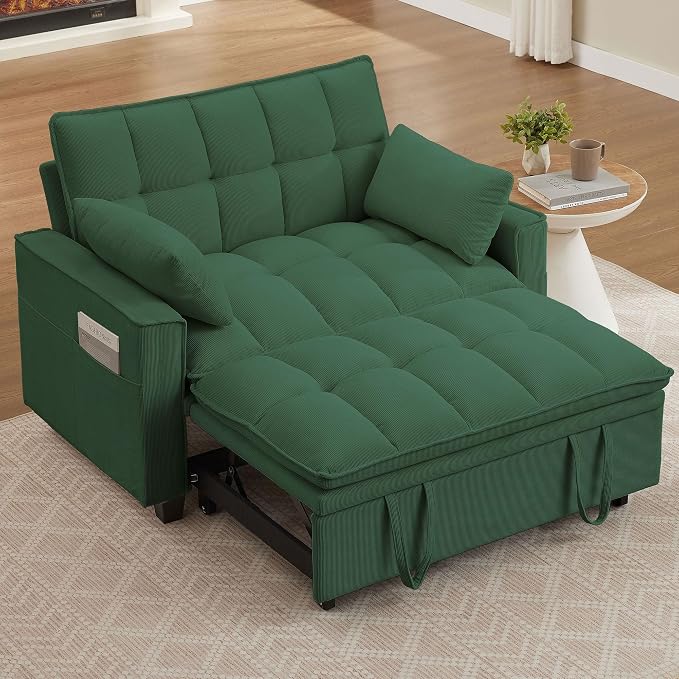 3 in 1 Convertible Sleeper Sofa Bed, 48" Pull Out Couches, Modern Loveseat Sleeper Sofa with Adjustable Reclining Backrest & Side Pockets for Living Room, Green