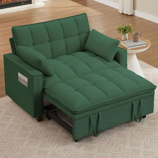3 in 1 Convertible Sleeper Sofa Bed, 48" Pull Out Couches, Modern Loveseat Sleeper Sofa with Adjustable Reclining Backrest & Side Pockets for Living Room, Green