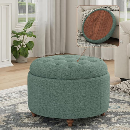 25Inch Round Ottoman with Storage, Tufted Fabric Modern Circle Ottoman with Reversible Tray Lid and Wood Legs, Multi-Functional Small Coffee Table for Living Room, Bedroom, Green