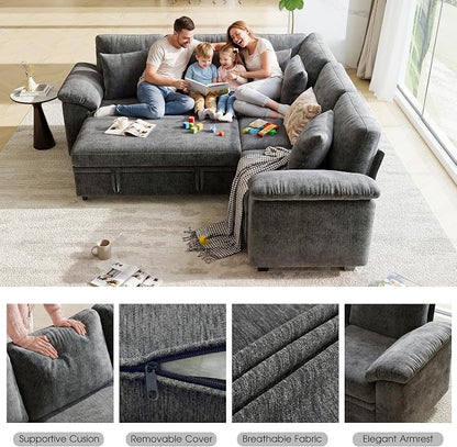 86" Modular Sectional Sleeper Sofa with Pull Out Bed, L Shaped 5 Seat Couch with 151L Storage, Convertible Cloud Couch Bed, Sectional Couches for Living Room, Apartment (Gray)