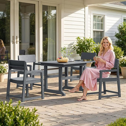 Shintenchi 5 Pieces Outdoor Dining Set,HDPE Outdoor Table and Chairs Set for 4,All Weather Patio Furniture Sets,Modern Wooden Textured Dining Sets for Backyard,Garden,Dark Grey