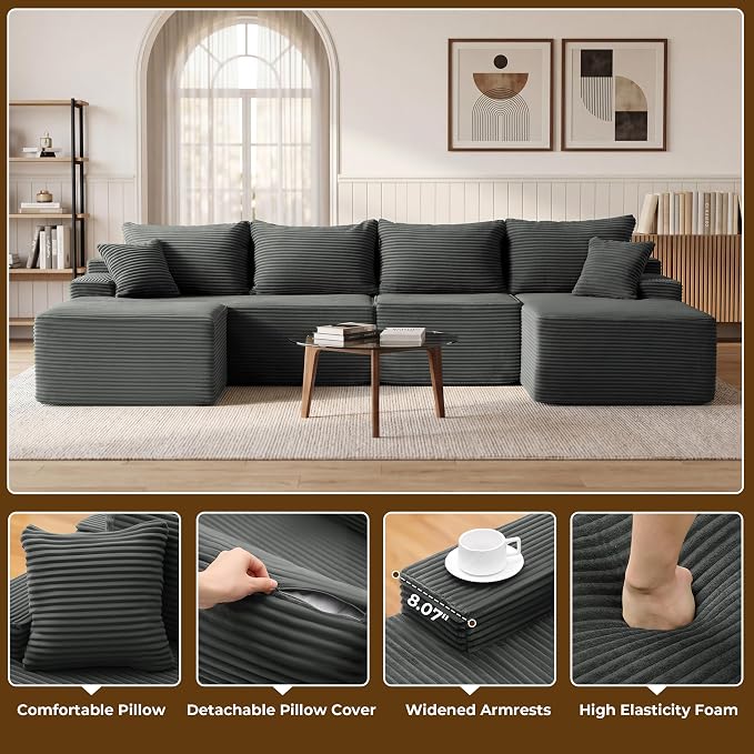 Mangodan 118'' Cloud Sectional Couch, U Shaped Boneless Couches for Living Room, Modular Sectional Sofa with Deep Seat Right Facing Chaise, Comfy Cloud Couch Sofa, Gray