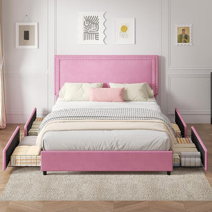 VECELO Queen Size Upholstered Bed Frame with 4 Storage Drawers, Adjustable Velvet Rivet Decor Headboard, Wooden Slats Platform Support, No Box Spring Needed, Easy Assembly,Pink