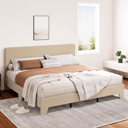 SHA CERLIN Linen Upholstered King Size Bed Frame with Headboard, Beige | Adjustable Low-Profile Platform Bed, Minimalist Design, Stable Mattress Foundation, Strong Back-Support, No Box Spring Needed