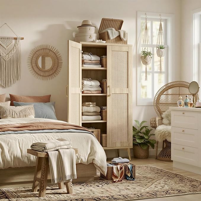 JASIWAY Tall Bathroom Storage Cabinet 57" Rattan Pantry Cabinet, Wood | With Doors and Adjustable Shelves, Freestanding Linen Closet & Wardrobe for Bathroom Laundry Bedroom, Anti-Tipping Device