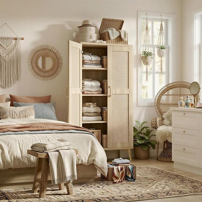 JASIWAY Tall Bathroom Storage Cabinet 57" Rattan Pantry Cabinet, Wood | With Doors and Adjustable Shelves, Freestanding Linen Closet & Wardrobe for Bathroom Laundry Bedroom, Anti-Tipping Device