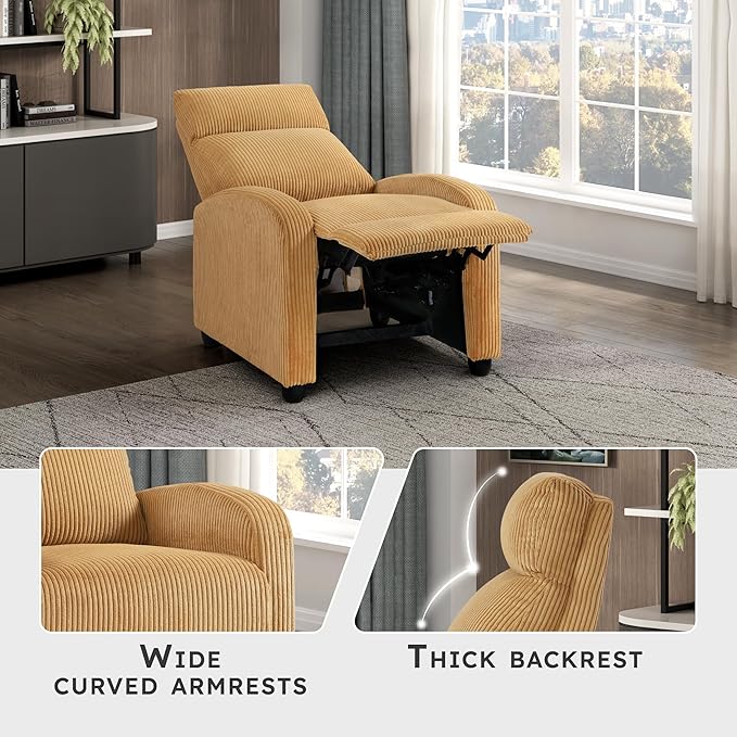 Lexicon Corduroy Pushback Recliner Chair Armchair Push Back Recliner, Solid Wood Frame and Metal Base, Easy Assembly Small Soft Single Sofa Accent Chair for Living Room/Office/Apartment, Yellow