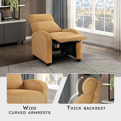 Lexicon Corduroy Pushback Recliner Chair Armchair Push Back Recliner, Solid Wood Frame and Metal Base, Easy Assembly Small Soft Single Sofa Accent Chair for Living Room/Office/Apartment, Yellow